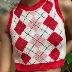 Red Argyle Knit Sweater Vest